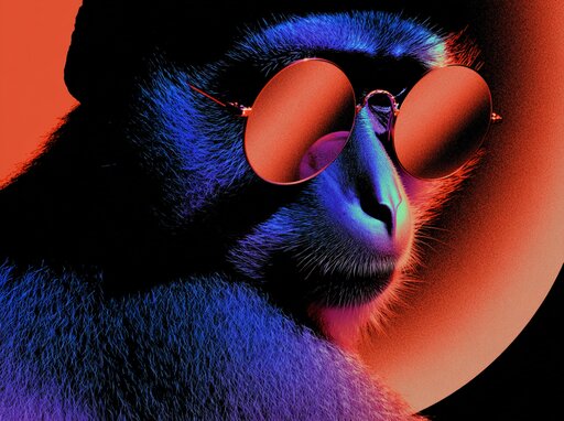 Ein stilisierter Affe mit einer Mütze und runden Sonnenbrillen vor einem roten Hintergrund.