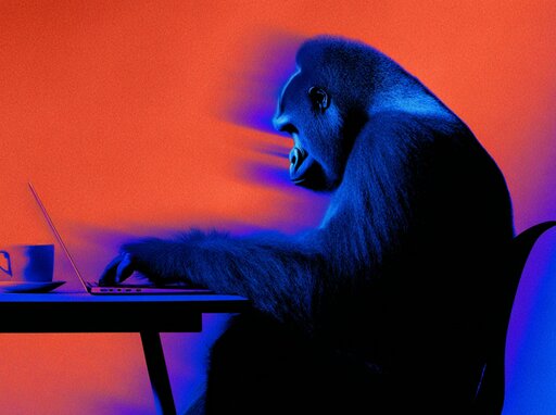 Ein Gorilla sitzt am Tisch und tippt auf einem Laptop, Hintergrund in Rot und Blau.