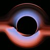 Ein animiertes Bild eines schwarzen Loches mit farbigen Strömungen und Lichtverzerrungen.
