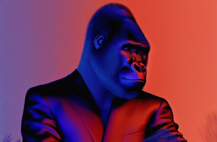 Ein Gorilla in einem schwarzen Anzug auf einem farbigen Hintergrund.