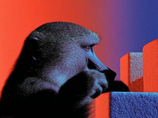 Farbenfrohe Darstellung eines Affens in Profilansicht vor einem blauen und roten Hintergrund.