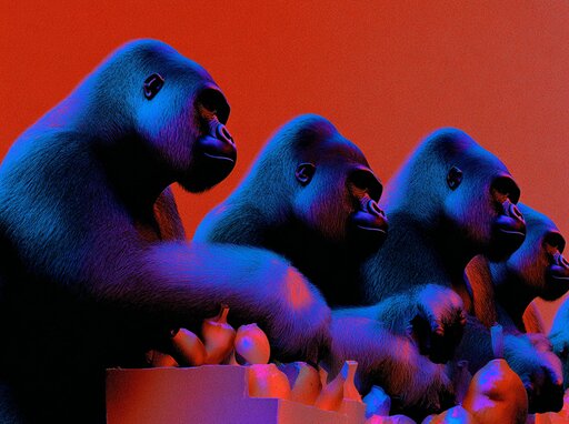 Fünf stilisierte Gorillas in blauem Licht, die an einer Theke Früchte betrachten.