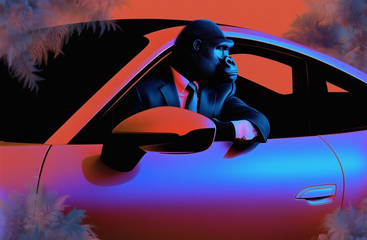 Ein Gorilla in einem Anzug sitzt in einem Auto mit leuchtenden Farben im Hintergrund.