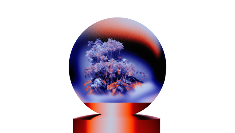 Glaskugel mit stilisierten Bäumen und farbenfrohem Hintergrund.